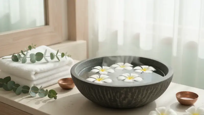 Berrak su üzerinde süzülen beyaz frangipani çiçeği